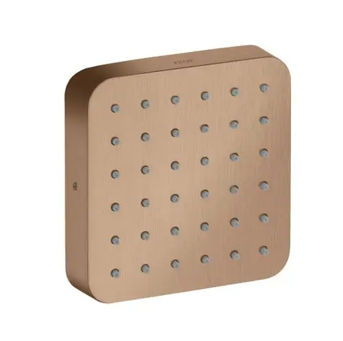 Brausemodul in rechteckiger Form mit vielen kleinen Düsen, Oberfläche in gebürstetem Rotgold, Marke AXOR, geeignet für Unterputzinstallation.